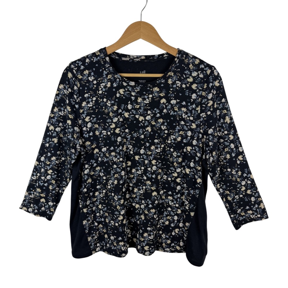 J Jill Floral Pima‎ Cotton 3/4 Sleeve Side-Inset Tee Large Navy Stretch Cottage